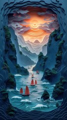 Ha Long Bay Vietnam Boats Mountains at Sunrise Sunset Paper Cut Phone Wallpaper Background Illustration