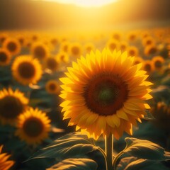 Obraz premium Sunflower field at sunset. Beautiful nature landscape with sunflowers Generated by AI
