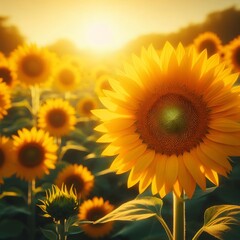 Obraz premium Sunflower field at sunset. Beautiful nature landscape with sunflowers Generated by AI