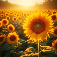 Obraz premium Sunflower field at sunset. Beautiful nature landscape with sunflowers Generated by AI
