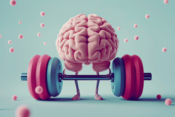 Cute cartoon brain lifting weights in gym - mental growth, fitness and intelligence illustration