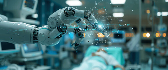 advanced robotic arms in futuristic hospital performing precision surgical operations with digital data overlays and automated healthcare technology for student training