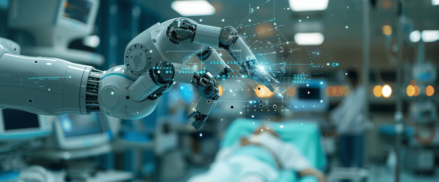 advanced robotic arms in futuristic hospital performing precision surgical operations with digital data overlays and automated healthcare technology for student training