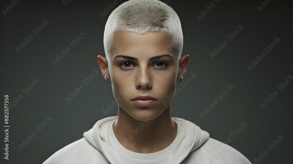 Wall mural portrait of a young person with blonde buzz cut