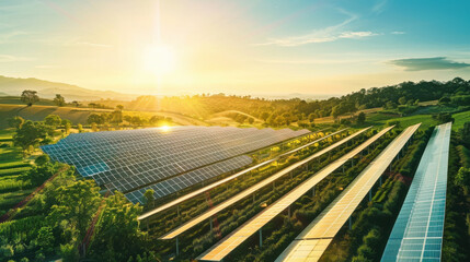 Fototapeta premium A sprawling solar farm with rows of solar panels gleaming under the bright sun, generating clean energy