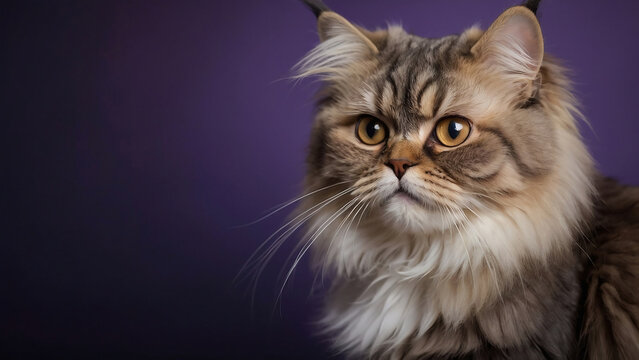 pure pred persian cat fluffy and long-haired on a purple background