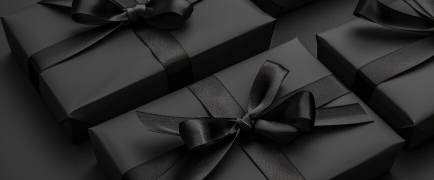 Black gift boxes with black ribbons, minimal 3D design on a black background, elegant and sleek