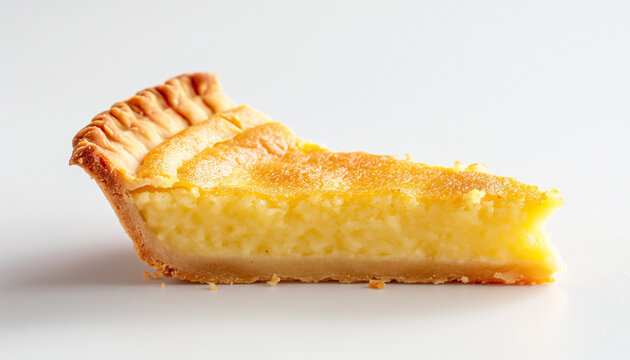 classic chess pie, featuring a golden, flaky crust filled with a rich, custardy filling with a slightly crackly top, set against a clean white background