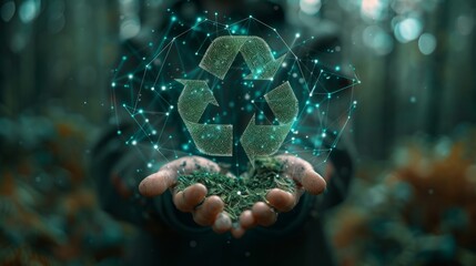 Fototapeta premium Digital Synergy for Sustainability: Recycling Concept with a Holographic Emblem