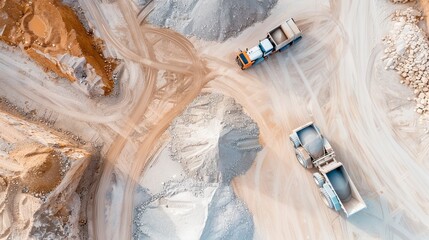Fototapeta premium Aerial view of a large-scale concrete operation, multiple pieces of equipment in use, illustrating the complexity and coordination required in construction projects
