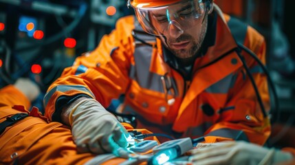 A man in an orange jumpsuit is working on a patient