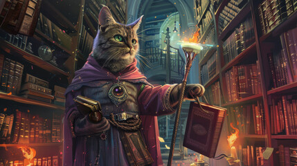 A wizard cat holding a magical staff, casting spells in an ancient library filled with magical artifacts