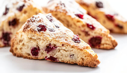 classic cranberry scones, featuring golden-brown, crumbly scones studded with tart cranberries, set against a clean white background