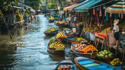 Obraz premium A vibrant floating market with colorful boats selling fresh produce and local delicacies, showcasing Thailand's rich culture