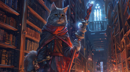 A wizard cat holding a magical staff, casting spells in an ancient library filled with magical artifacts