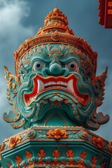 Fototapeta premium A Thai green and gold giant demon statue with an angry face and Thai motifs, wearing ancient Thai clothing, stands.