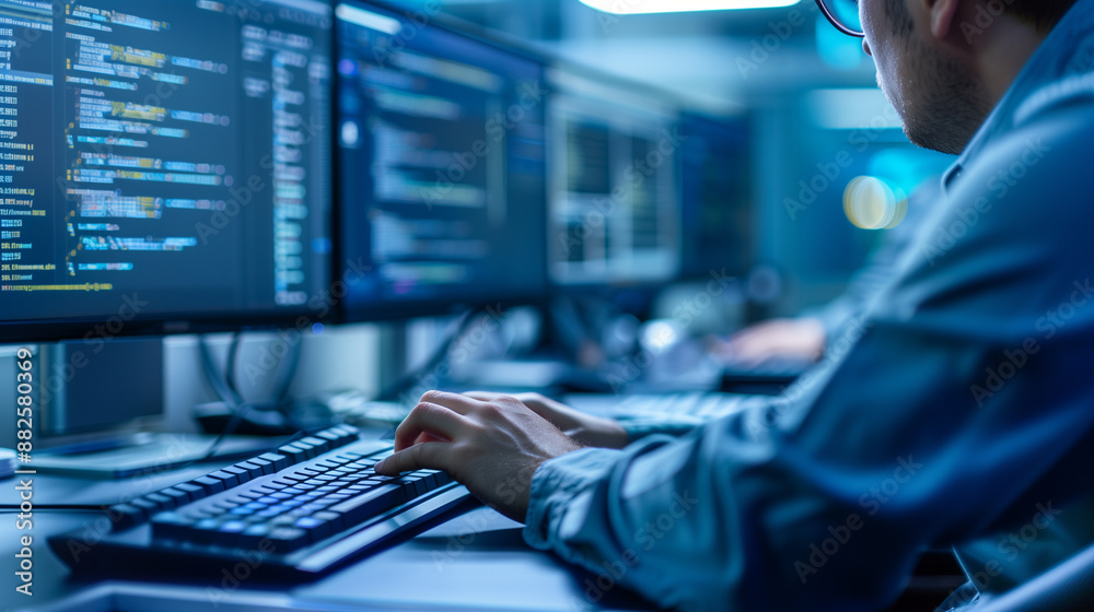 Poster ethical hacker or cyber security expert working on computer