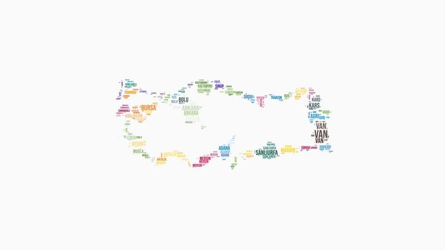Turkey regions word cloud animation. Country logo animated video. Turkey colored text cloud. Regions typography style motion graphics. Vibrant video.