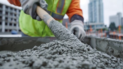 Obraz premium Portland installation crew mixing concrete, capturing the precision and effort to yield a strong, durable structure, set against an urban backdrop