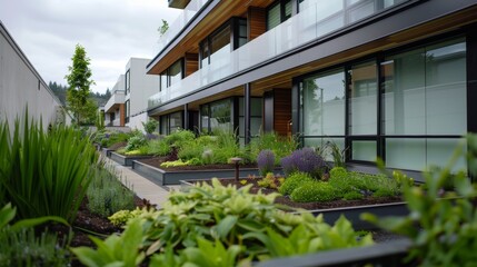 Portland rooftop garden project, modern building with lush plants and flowers, a green initiative highlighting urban sustainability and innovation