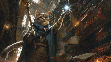 Naklejka premium A wizard cat holding a magical staff, casting spells in an ancient library filled with magical artifacts
