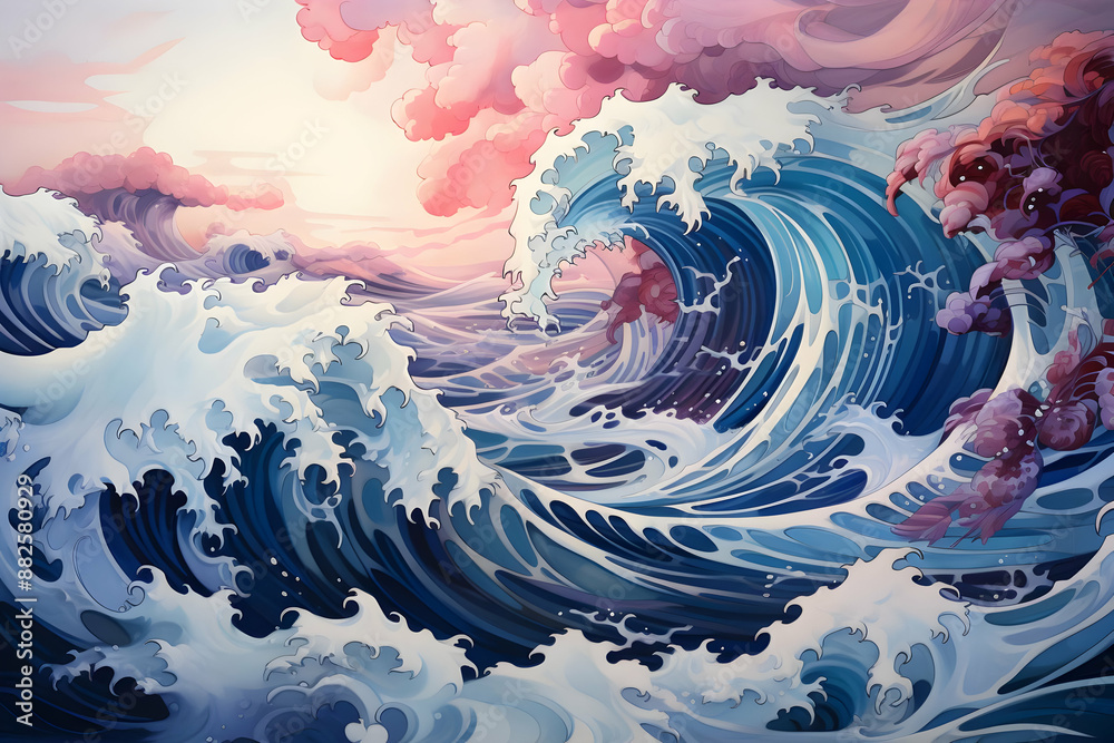 Sticker Digital Illustration of a Large Ocean Wave Crashing