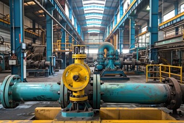 Fototapeta premium Steel pipelines valves and pumps factory manufacturing architecture.