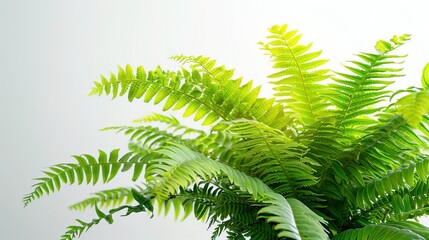 Fototapeta premium Lush green fern leaves on white background, perfect for nature-themed designs, indoor plant photography, and botanical decor ideas, air purifying trees, Boston Fern