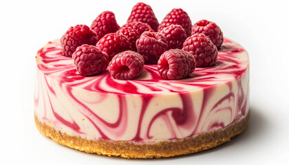 classic raspberry cheesecake, featuring a creamy and smooth cheesecake base with a graham cracker crust, swirled with bright red raspberry puree