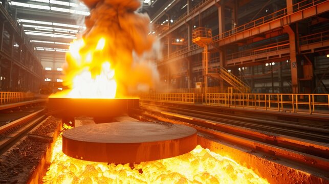 Steel mill interior, with towering furnaces and assembly lines, a bustling industrial facility demonstrating powerful manufacturing processes