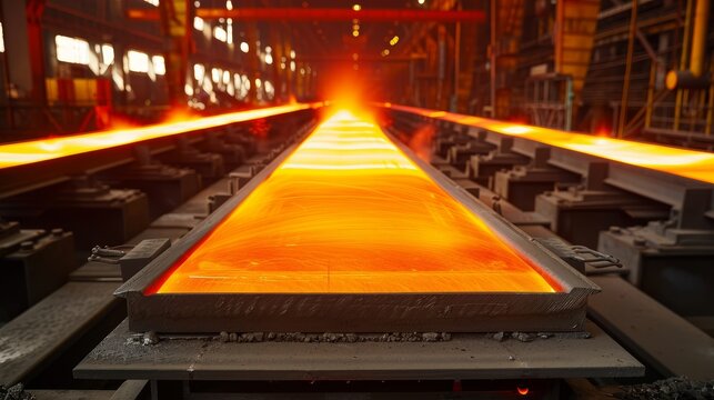 Steel mill interior, with towering furnaces and assembly lines, a bustling industrial facility demonstrating powerful manufacturing processes
