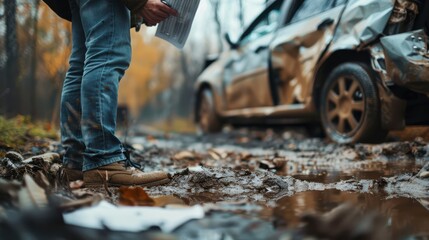 A man is standing in the mud with a piece of paper in his hand