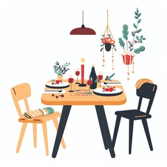 Festive table, holiday dinner, vector art, minimalist, isolated on white background