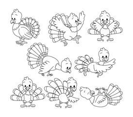 Set of turkey doodle collection, turkey outline coloring page or book animals for kindergarten, Vector line art set of animals wildlife, Hand drawn, Minimal turkey line art doodle in different pose.