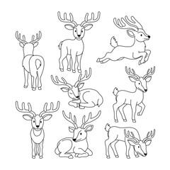 Set of deer doodle collection, deer outline coloring page or book animals for kindergarten, Vector line art set of animals wildlife, Hand drawn, Minimal deer line art doodle in different pose.