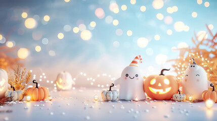 Cute 3D Halloween scene, friendly ghosts and pumpkins, soft background with light bokeh.