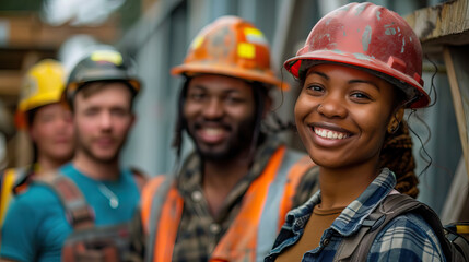happy multiracial group of four construction workers in a construction site for labor day.