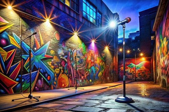 Urban city street at night with graffiti-covered walls, spotlights, and a microphone, setting the stage for a high-energy hip hop dance performance.