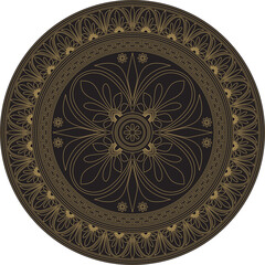 Vector gold with black classic Greek round ornament. Circle of Ancient Greece and the Roman Empire. Byzantine painting of walls, floors and ceilings. Decoration of European palaces