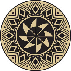 Native American vector round gold with black pattern. Geometric shapes in a circle. National ornament of the peoples of America, Maya, Aztecs, Inca