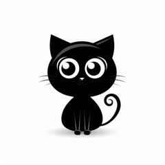 A black cat with big eyes is sitting on a white background