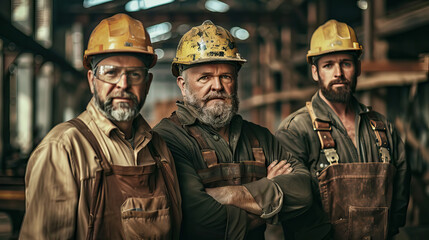 Fototapeta premium close up three middle aged men working in construction site with helmet hadhat.