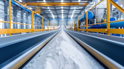 Naklejka premium Interior of a mortar manufacturing factory, featuring conveyor belts and mixing machines, a high-output production environment
