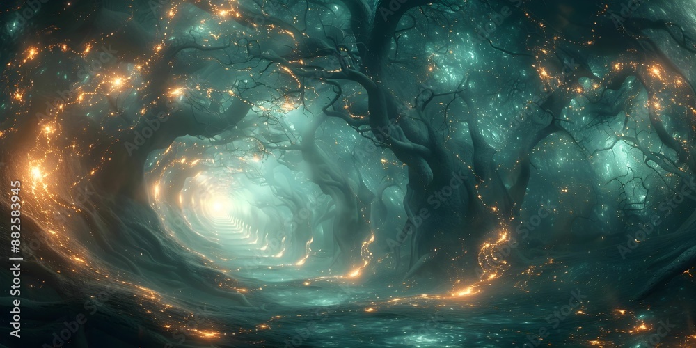 Wall mural a tree with glowing leaves and branches is surrounded by a bright orange sky. the scene is filled wi
