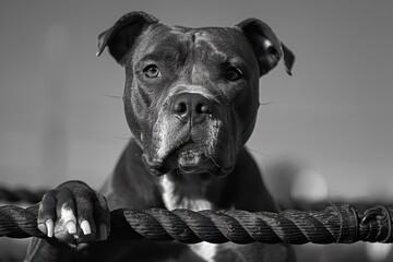 Creates a dramatic and powerful image of a Pit Bull ready for a fight.
