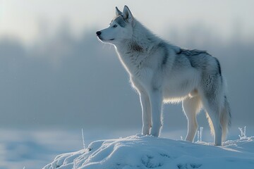 Obraz premium Captures the majestic beauty and adventurous spirit of a Siberian Husky in a snowy landscape.