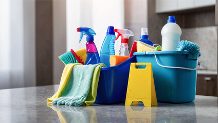 A cleaning caddy filled with various cleaning supplies, including spray bottles, sponges, and cloths, set on a marble countertop in a modern kitchen.