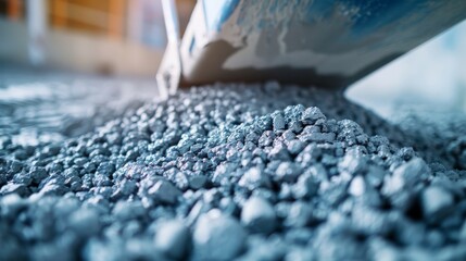 Industrial scene of concrete being mixed in a large gear-driven mixer, emphasizing the robust machinery and construction process, set in an urban environment