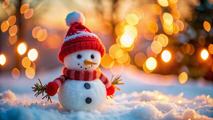 Obraz premium Vibrant snowman donning red hat and scarf stands alone in serene winter wonderland, surrounded by soft bokeh lights and warm sunset hues, evoking festive cheer.