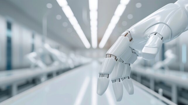 Inside a high-tech factory, robotic arms assembling products on the production line, a seamless blend of automation and human oversight